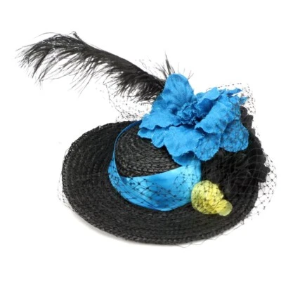 Vtg Anna Sui James Coviello Fascinator Hat  Black Straw With Feather Plum Flower - Image 1 of 4