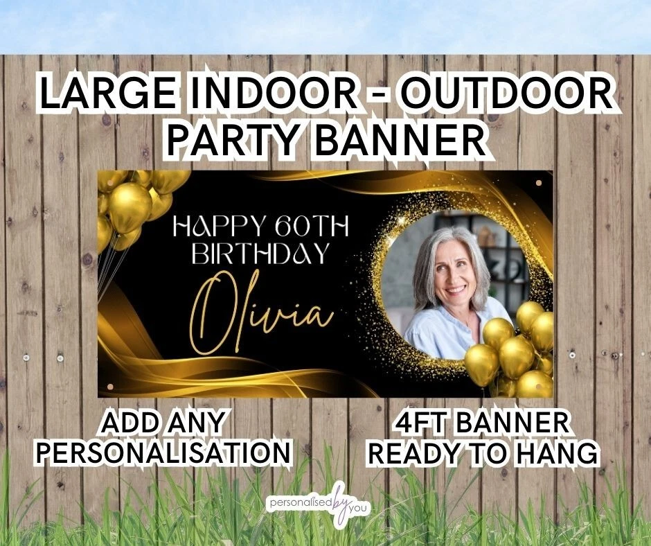 Personalised LARGE Outdoor Indoor Gold Black Theme BIRTHDAY Large Banner Photo - Image 1 of 1