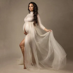 Pregnant Women Dress Maternity Long Sleeve Mesh Gown For Photography Shooting - Picture 1 of 8