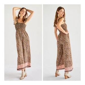 Francesca's Brielle Brown Gold Floral Smocked Ruffle Sleeves Jumpsuit Sz Small - Picture 1 of 9