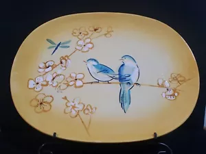 Grasslands Road Yellow Ceramic Platter Hand Painted Blue Birds 15" x 11" W/stand - Picture 1 of 9