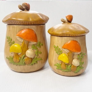 Vintage Mushroom Canister Set Ceramic Brown Orange Yellow Retro Kitchen Decor - Picture 1 of 10