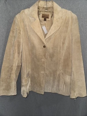 复古 Esprit 皮革条纹夹克棕褐色大号黄油柔软。  CR1 — 第 1/4 张图片