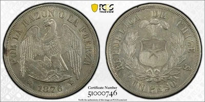 Серебряная монета чилийское песо 1876-So PCGS AU-55 с золотым щитом яркий блеск - Изображение 1 из 3