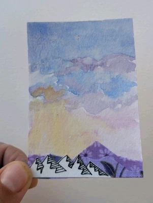 ACEO 原创艺术卡绘画混合媒体山脉和天空艺术家签名  — 第 1/3 张图片