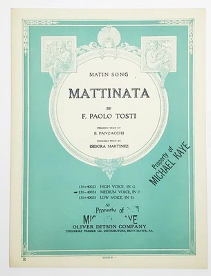 F. Paolo Tosti Mattinata Vocal Score For Medium Voice In F 1924 Oliver Ditson Co - Image 1 of 3