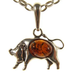 BALTIC AMBER STERLING SILVER 925 TAURUS BULL ASTROLOGY SIGN PENDANT NECKLACE - Picture 1 of 1