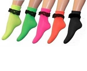 WOMEN NEON COLOUR FRILLY ANKLE SOCKS- FANCY DRESS - Picture 1 of 6