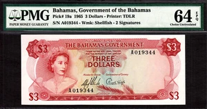 Bahamas 3 Dollars 1965 Pick-19a Choice UNC PMG 64 EPQ - Picture 1 of 1