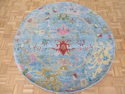 6'2 x 6'2 Round Hand Knotted Sky Blue Colorful Oushak Oriental Rug G13604 - Image 1 of 4
