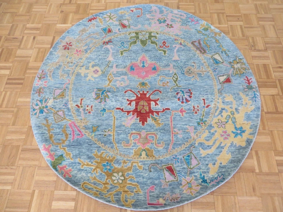 6'2 x 6'2 Round Hand Knotted Sky Blue Colorful Oushak Oriental Rug G13604 - Image 1 of 4