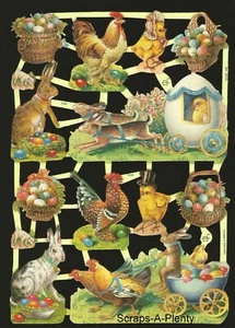 Chatarra troquelada estilo vintage alemán en relieve conejito de Pascua, pollitos y huevos EF7222 - Imagen 1 de 1