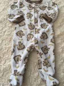 First Moments Boys White Brown Monkeys Bananas Fleece Long Pajamas 3 Months - Picture 1 of 6