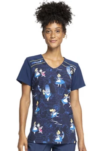 Alice In Wonderland Cherokee Scrubs Tooniforms Disney V Neck Top TF645 ALUE - Picture 1 of 7