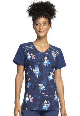 Alice In Wonderland Cherokee Scrubs Tooniforms Disney V Neck Top TF645 ALUE - Image 1 of 4