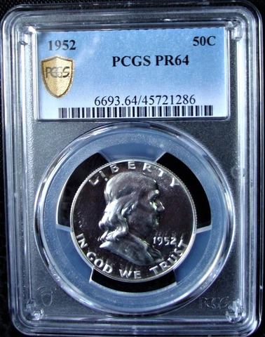 1952 Proof Franklin Silver Half Dollar - PCGS PR 64 - Gold Shield Cover