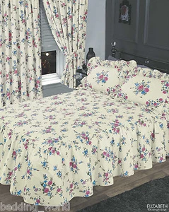 LIZ BLUE FITTED BEDSPREAD SET EXTRA DEEP FRILL PINK CREAM GREEN FLOWERS ROSE - Picture 1 of 2