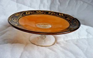 Beautiful Antique Hand Painted Gold & Black Footed Glass Candy Dish - Picture 1 of 8