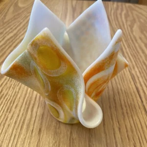 Hand Blown Art Glass Ruffled Handkerchief Sculpture Vse 5.5” X 6” Multi Colors Z - Picture 1 of 24