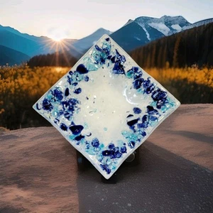 Vetro Murano Italy Blue Color Infused Art Glass Square 4" Trinket Dish - Picture 1 of 6