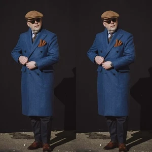 Navy Wool Men's Long Overcoat Double Breasted Formal Business Men Long Jackets - Picture 1 of 7