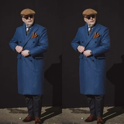 Navy Wool Men's Long Overcoat Double Breasted Formal Business Men Long Jackets - Image 1 of 4