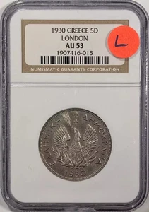 1930 GREECE 5 DRACHMAI NGC AU-53 LONDON - Picture 1 of 2