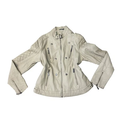 JOUJOU Moto Faux Leather Jacket Beige Double Breasted Zip L - Image 1 of 4