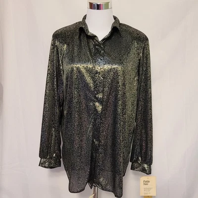 NOS DK Gold 80s Black Geometric Liquid Satin Button Up Blouse Artsy Disco 12 P - Image 1 of 4
