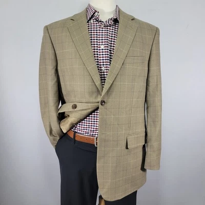 Joseph Feiss Men's Sport Coat Blazer Two Button Dark Beige Plaid Wool Size 42R - Image 1 of 4