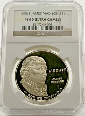 1993-S James Madison $1 Silver Commemorative PF69 Ultra Cameo NGC - Image 1 of 2