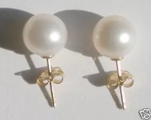 Real Natural 9-10mm White AAAA South Sea Pearl Earrings 14K Yellow Gold Stud - Picture 1 of 3