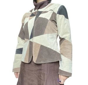 Brown Patchwork Jacket Womens Medium Suede Geometric 90s Boho Western Size L - Picture 1 of 4