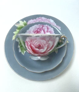 Occupied Japan 3 Piece Set Teacup, Saucer, Dessert Plate, Gray with Pink Peonies - Picture 1 of 11