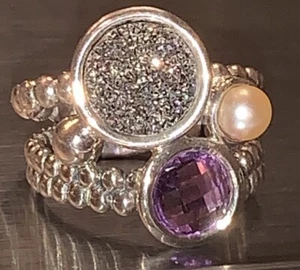 925 Sterling Silver Real Pearl Amethyst & Druzy Ring Size 9 MICHAEL DAWKINS - Picture 1 of 10