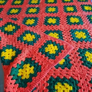 Manta de regazo afgana cuadrada vintage crochet abuela naranja vivo verde amarillo boho - Imagen 1 de 8