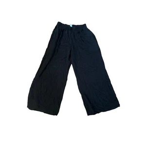 Women L Blue Buttercup Black Linen Wide Leg Pants Lagenlook USA Pull-On Beach - Picture 1 of 5