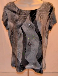 Vintage Bretagne schwarze Bluse schwarz weiß geometrisches Design Pailletten Made in USA - Bild 1 von 7