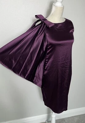 Tahari Silk Stretch Satin Knee Length One Shoulder Cape Sheath Dress Bow Plum S - Image 1 of 4