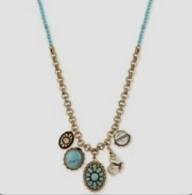 $39 Lucky Gold Tone  Natives Butterfly Turquoise Charm Necklace #L33 - Image 1 of 4