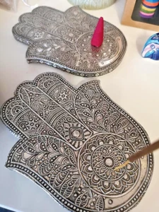 Fair Trade Hand Made Aluminium Hand Of Fatima Hamsa Incense Stick Cone Holder. - Picture 1 of 2