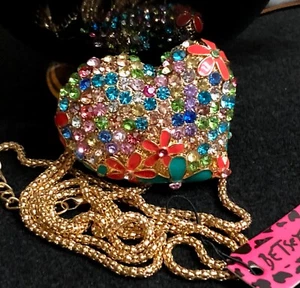 NWT BETSEY JOHNSON Multi Color Enamel Rhinestone Puffy Heart Pendant Necklace - Picture 1 of 8