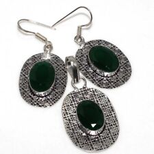 Green Onyx Ethnic Gemstone Handmade Pendant Earrings Set Jewelry 1.7+1.7" JW