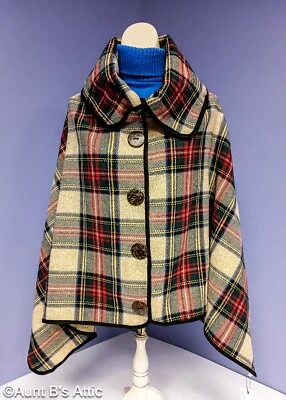 Poncho Damas Rd/Gr/Beige Cuadros Cosquillas Rosa Cuello Grande Poncho con Botones OS Foto 1 de 4