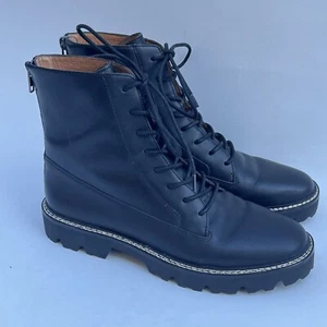 Madewell The City Walk Black Leather Combat Boots 8.5 Back Zip Lug Sole - Picture 1 of 7