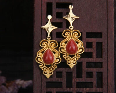 B25 Orecchini Barocco-Stile Filigrana Motivo Agata Rosso 925 Sterling Dorato - Immagine 1 di 4