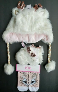 New Justice Fur Deer Earflap Beanie Hat & Flip Gloves Cream Pink & 2 Pack Socks - Picture 1 of 12