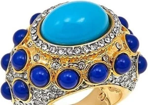 SALE Kenneth Jay Lane (KJL) High Drama East West Turquoise Gold Tone Ring Size 5 - Picture 1 of 4