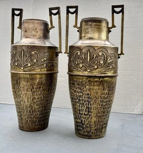 French XXL Antique Art Deco Pair of Brass Vases - Handcrafted - 16.5” Tall - Picture 1 of 10