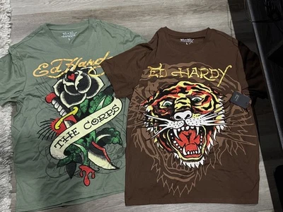 批量 2 Ed Hardy 男式图形水钻咆哮老虎和黑色玫瑰 T 恤 尺寸 L — 第 1/4 张图片